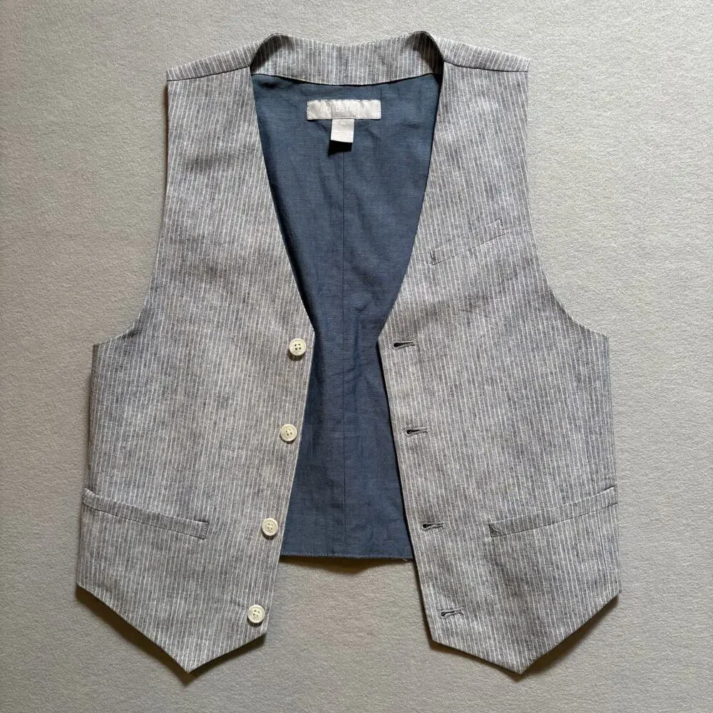Nordstrom Boys Vest XL Blue Grey Pinstripe Linen Cotton Suit Vest Wedding
